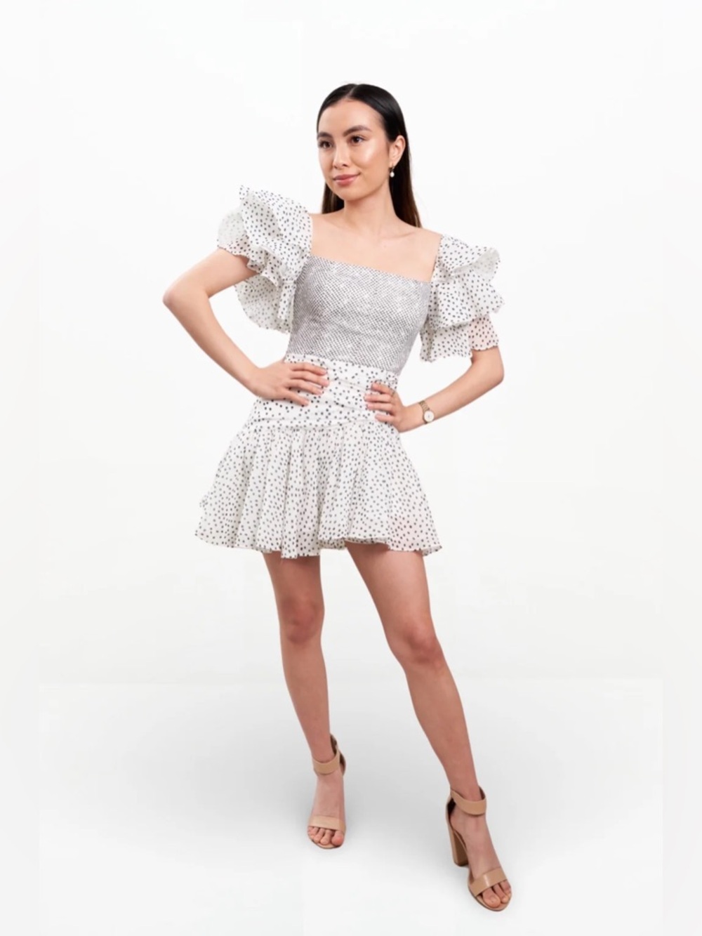 Luxxel - Polka Dot Ruffle Mini Skirt - Black and White